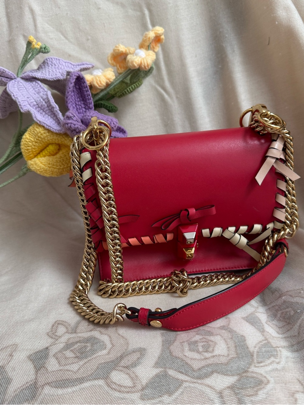 Fendi Red Leather Crossbody with Gold Chain and Braided Trim